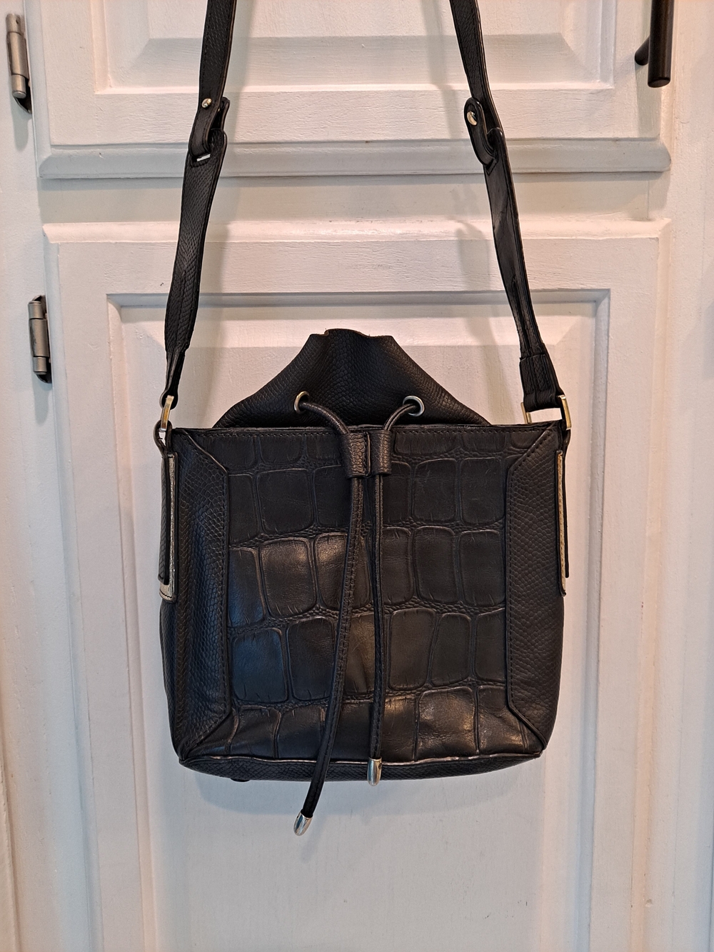 Ino Design Black Croc-Textured Snake Panel Drawstring Toggle Crossbody Bag
